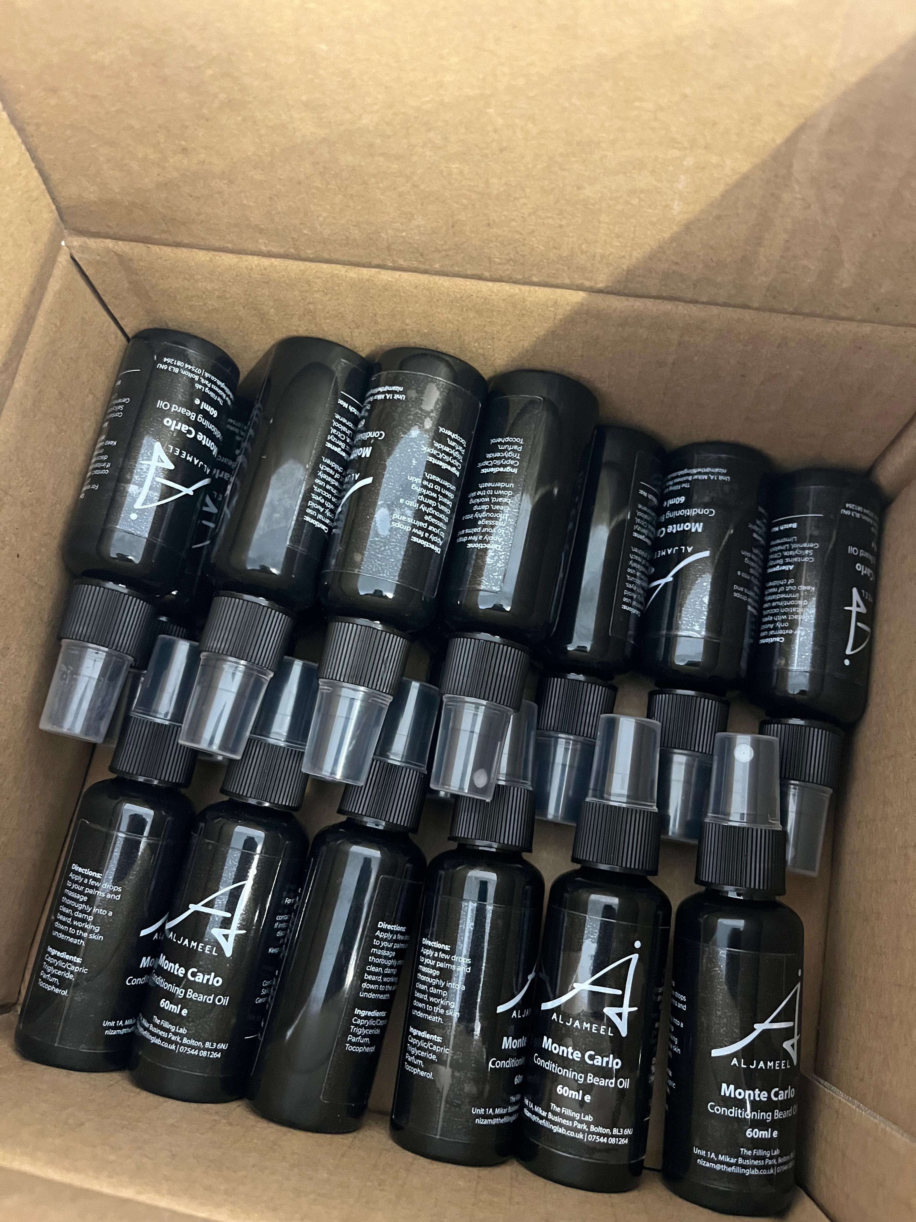 Labelled beard oil bottles packed into outers ready for dispatch.